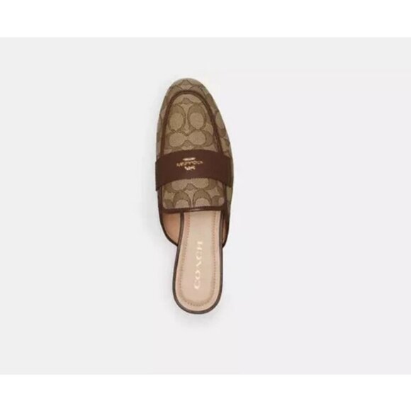 Coach Samie Slide-On Mule Flat Women's Size 6 Khaki Leather Signature Jacquard - Picture 2 of 4
